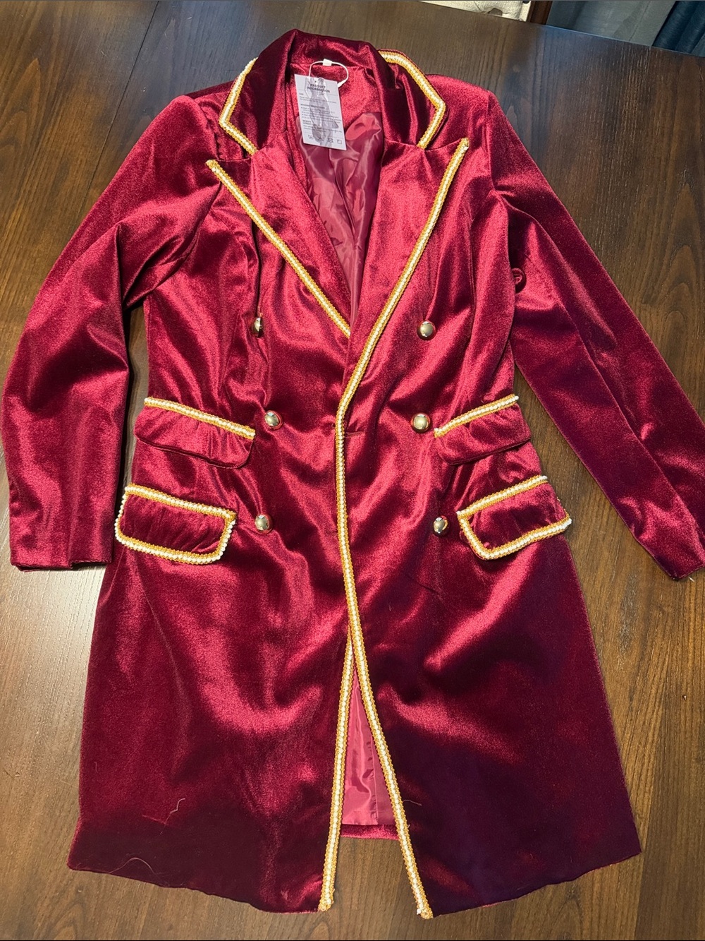 Velvet Burgundy Women's Tailored Blazer Coat with Gold Trim